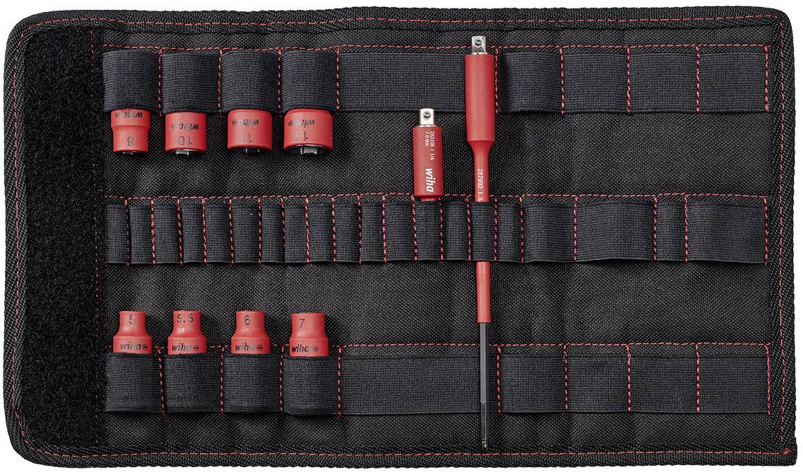 Tool set with red, numbered attachments and handle in a black, fold-out case. Includes sizes from 5 to 11 mm.