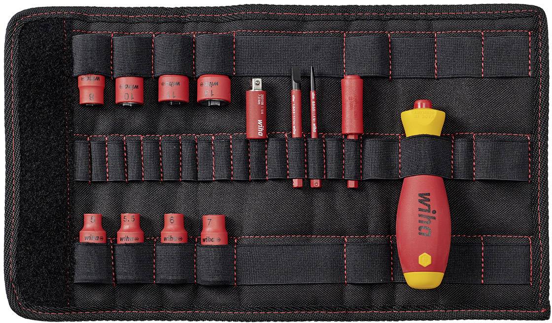 A tool set with a red and black screwdriver, various socket wrenches and bits, organised in a black fabric bag.