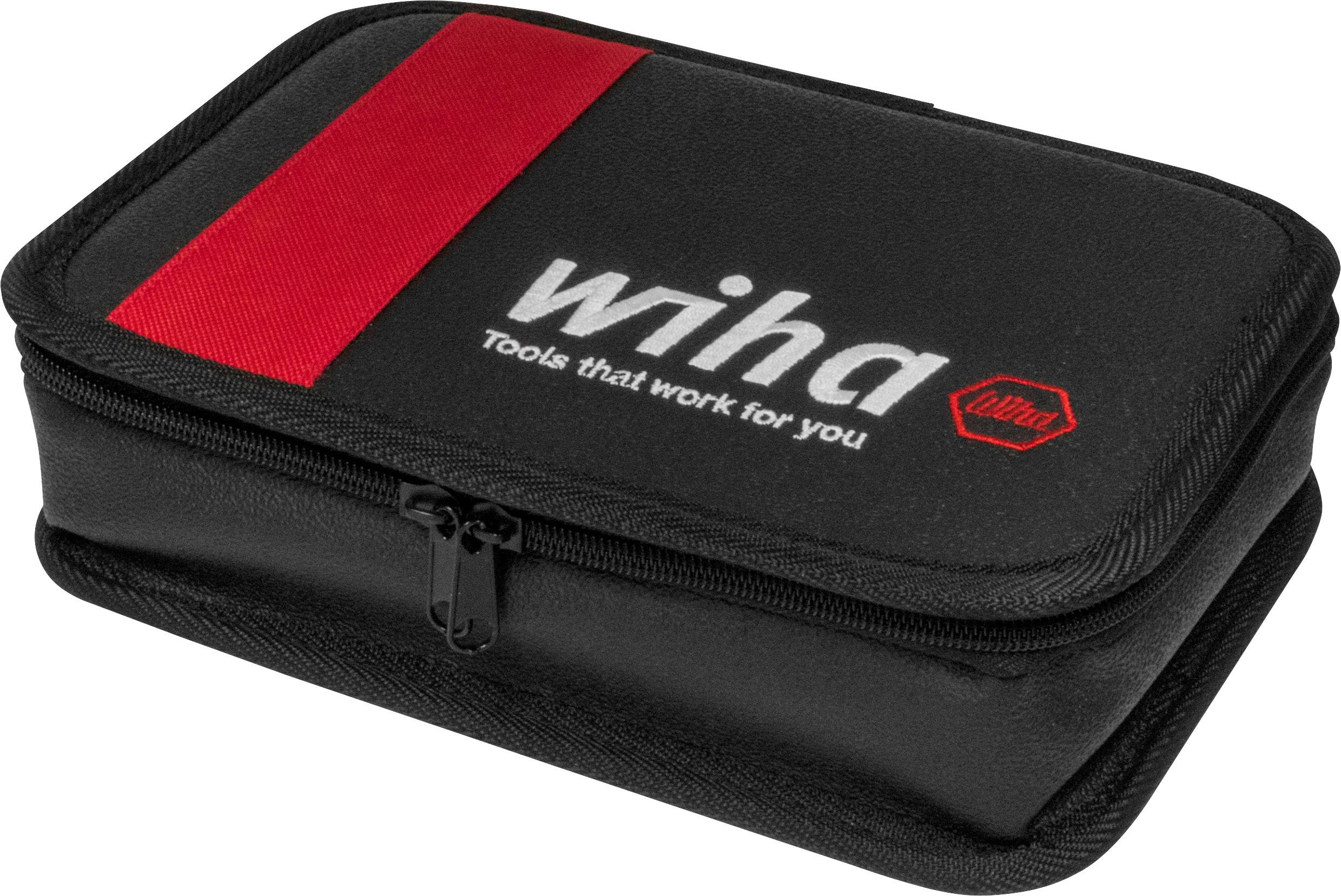 Black Wiha tool bag with a red stripe and the logo 'Tools that work for you'. It has a zip.