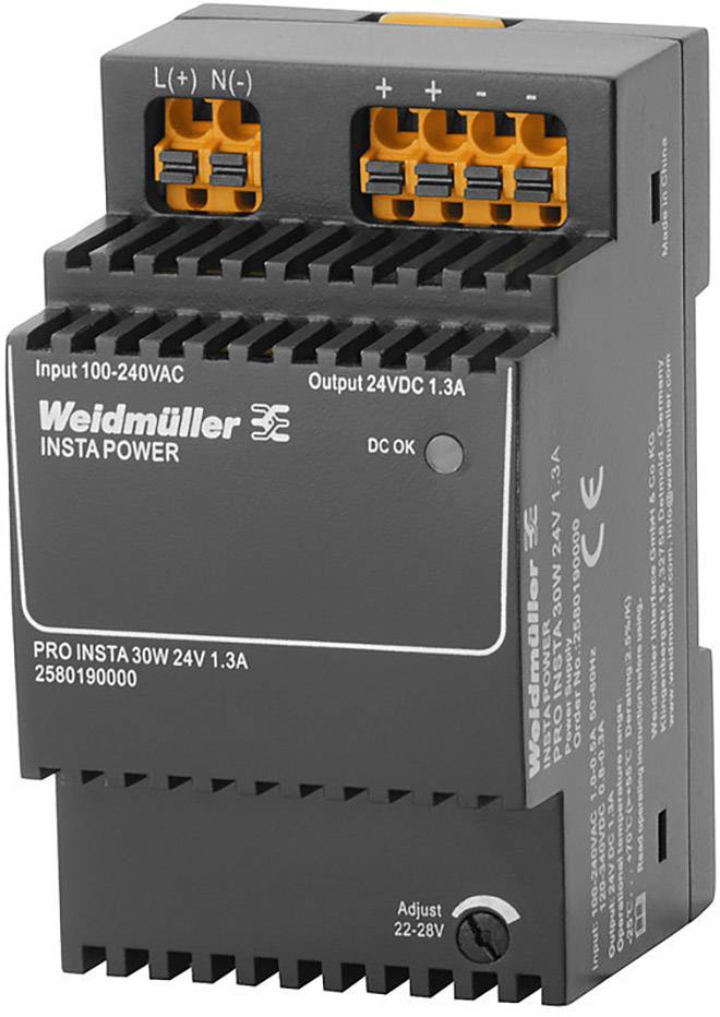 Weidmüller Power Supply PRO INSTApower, Inputs 100-240VAC, Outputs 24VDC, 30W, 1.3A, with Voltage Adjustment and Status Indicator.