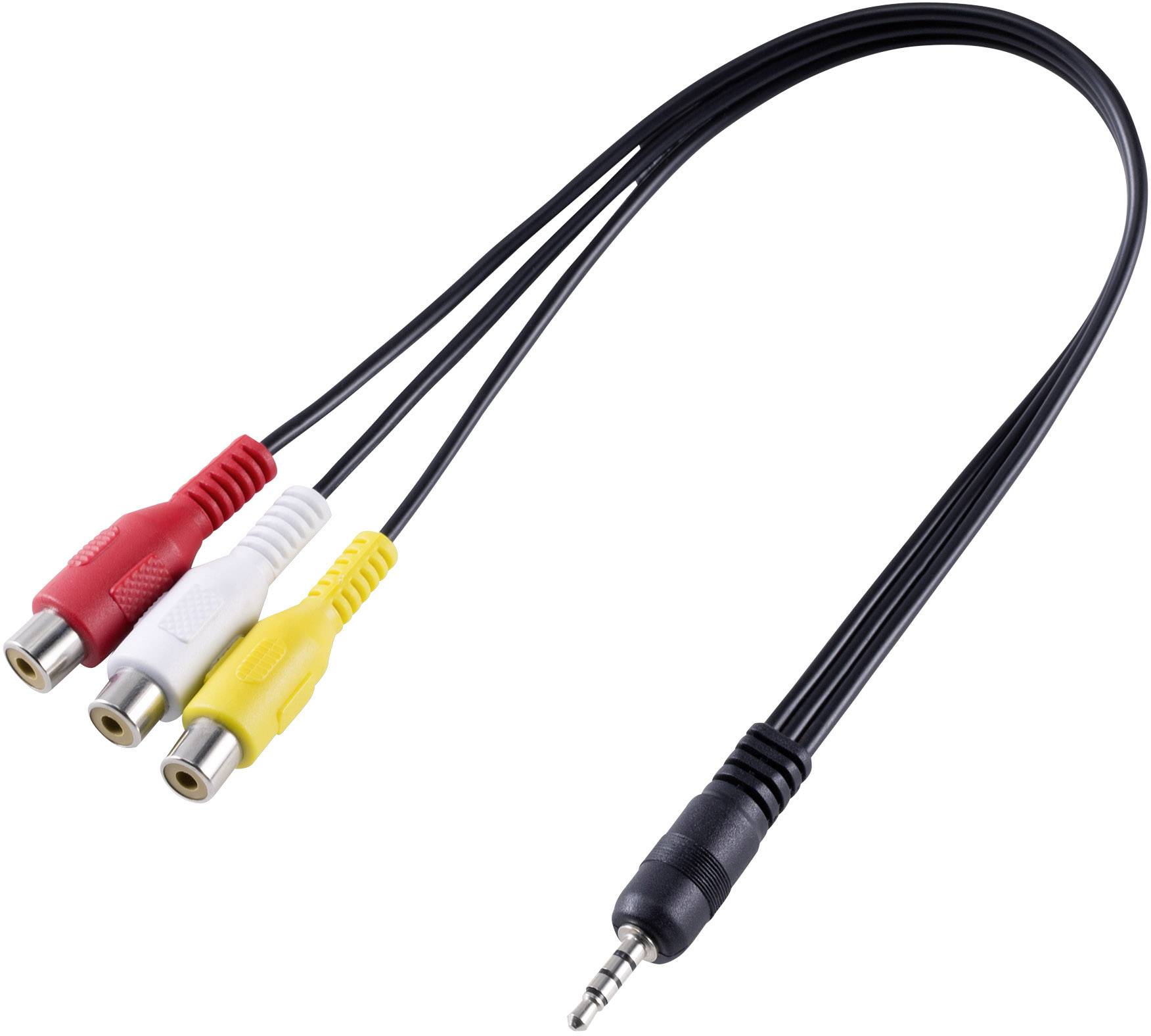 Black cable adapter with three RCA plugs in red, white, and yellow, connected to a 3.5mm jack plug.