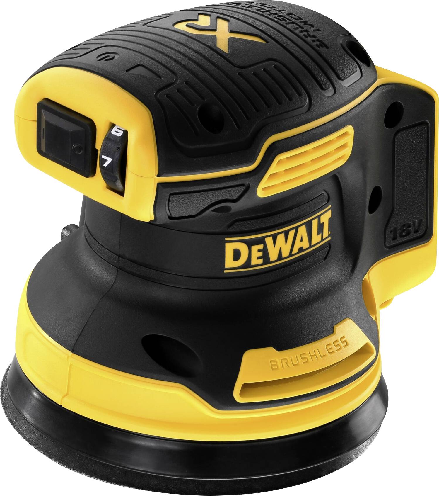 A cordless eccentric sander with a yellow and black design. The brand name and 'Brushless' are clearly visible on the device.