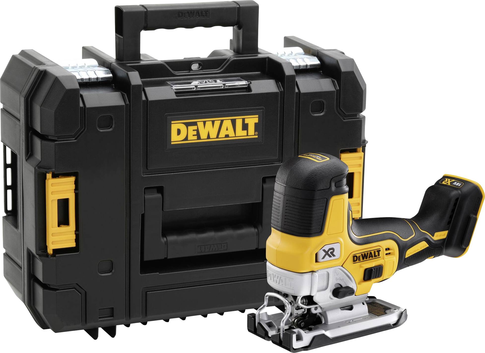 A black and yellow DeWalt jigsaw next to a robust black toolbox with a yellow logo.