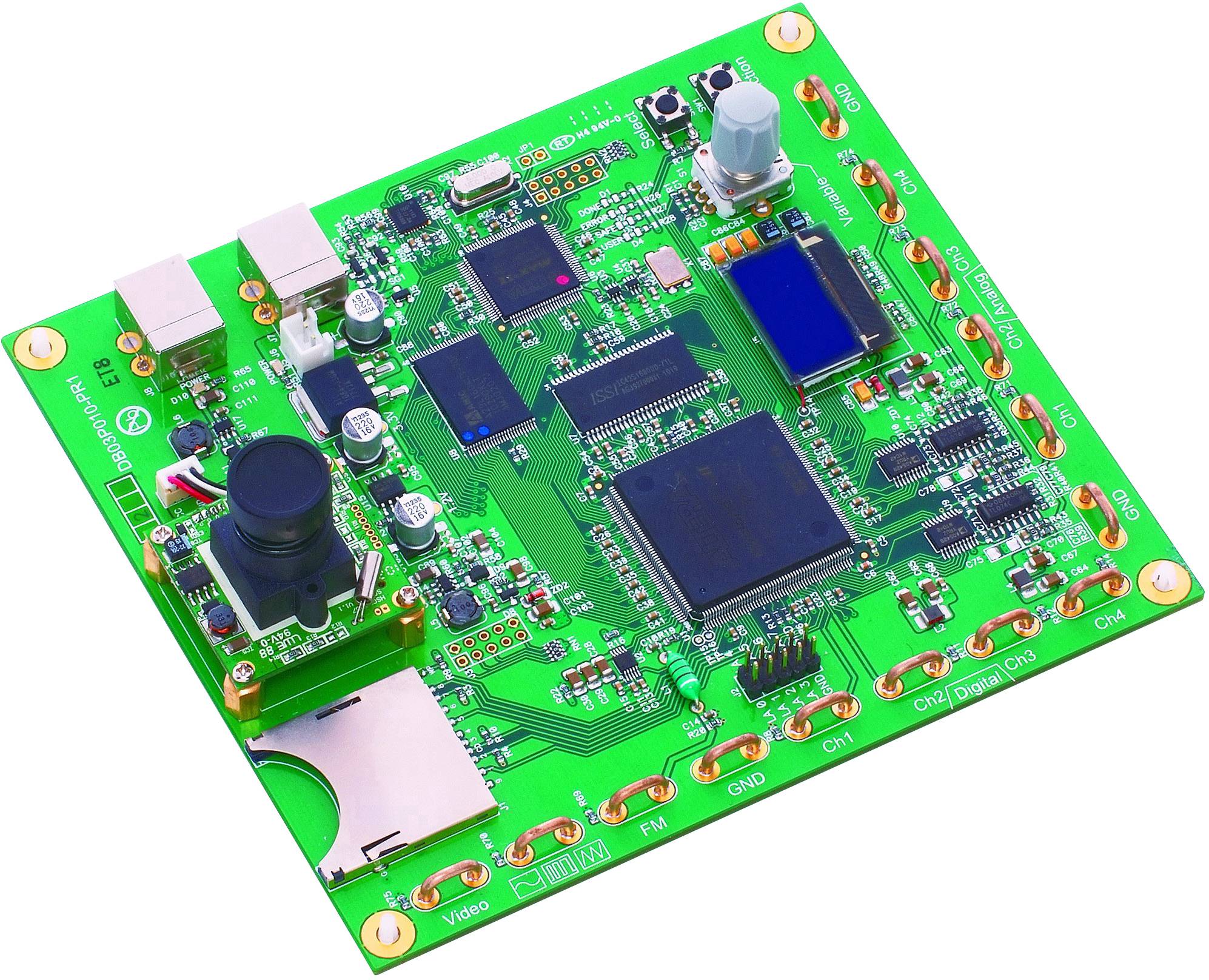 Green printed circuit board with various chips and electronic components, shown in close-up. Primarily used in electrical engineering.