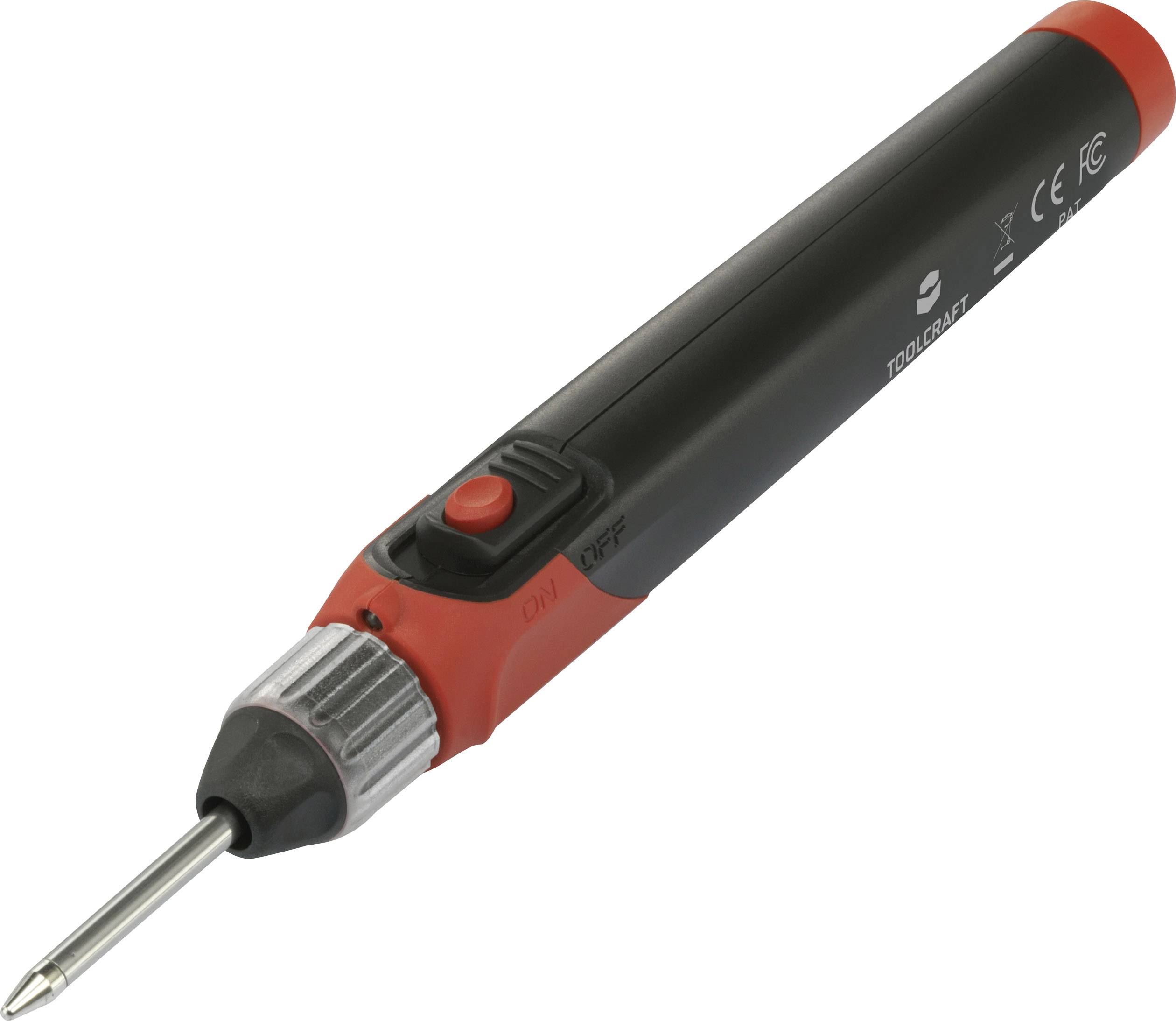 A black and red soldering iron with a metal tip, a switch, and a rotary dial for temperature adjustment.