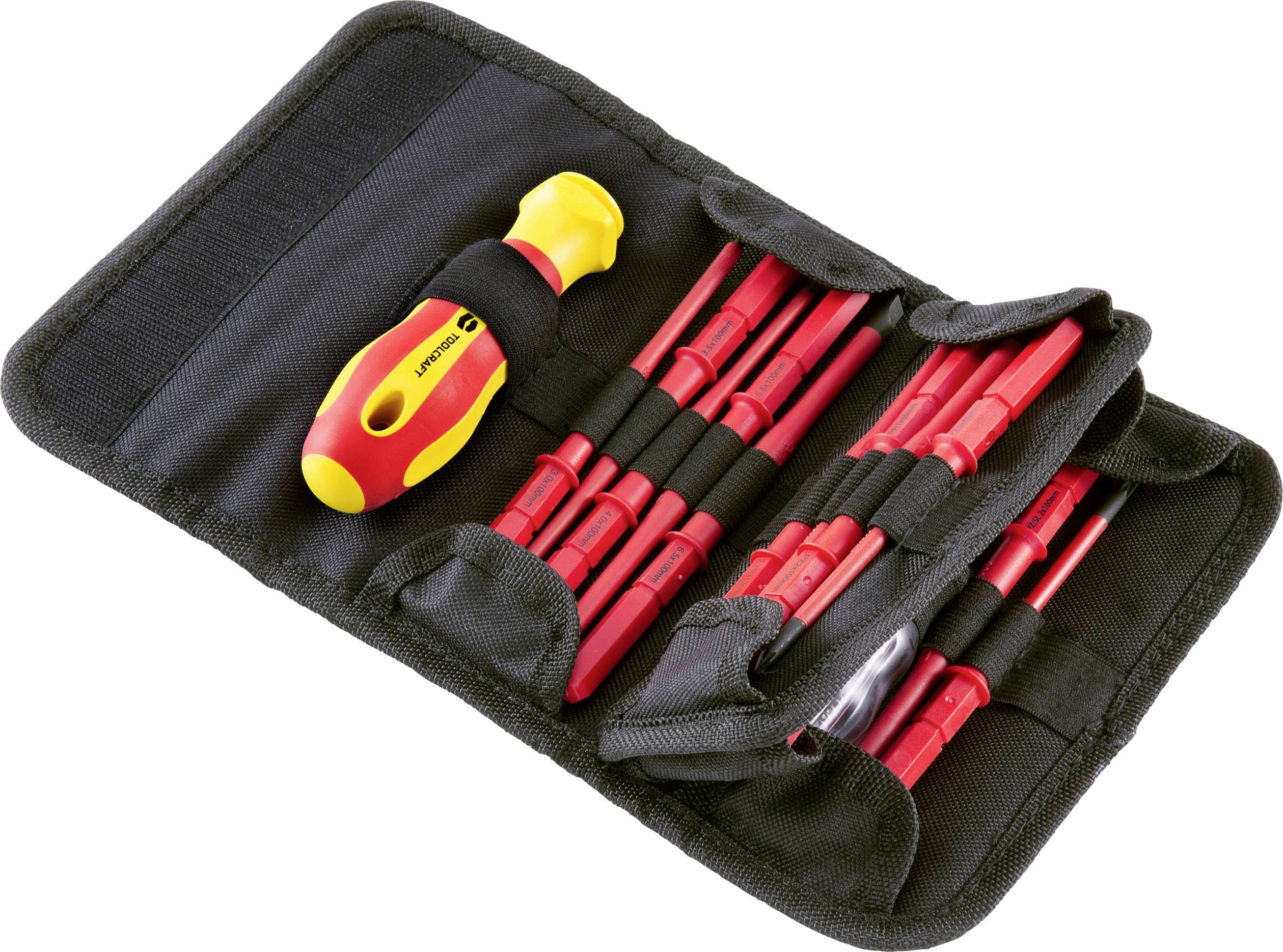 Multi-piece screwdriver set in a black case. Includes a handle and numerous attachments for different screw types.