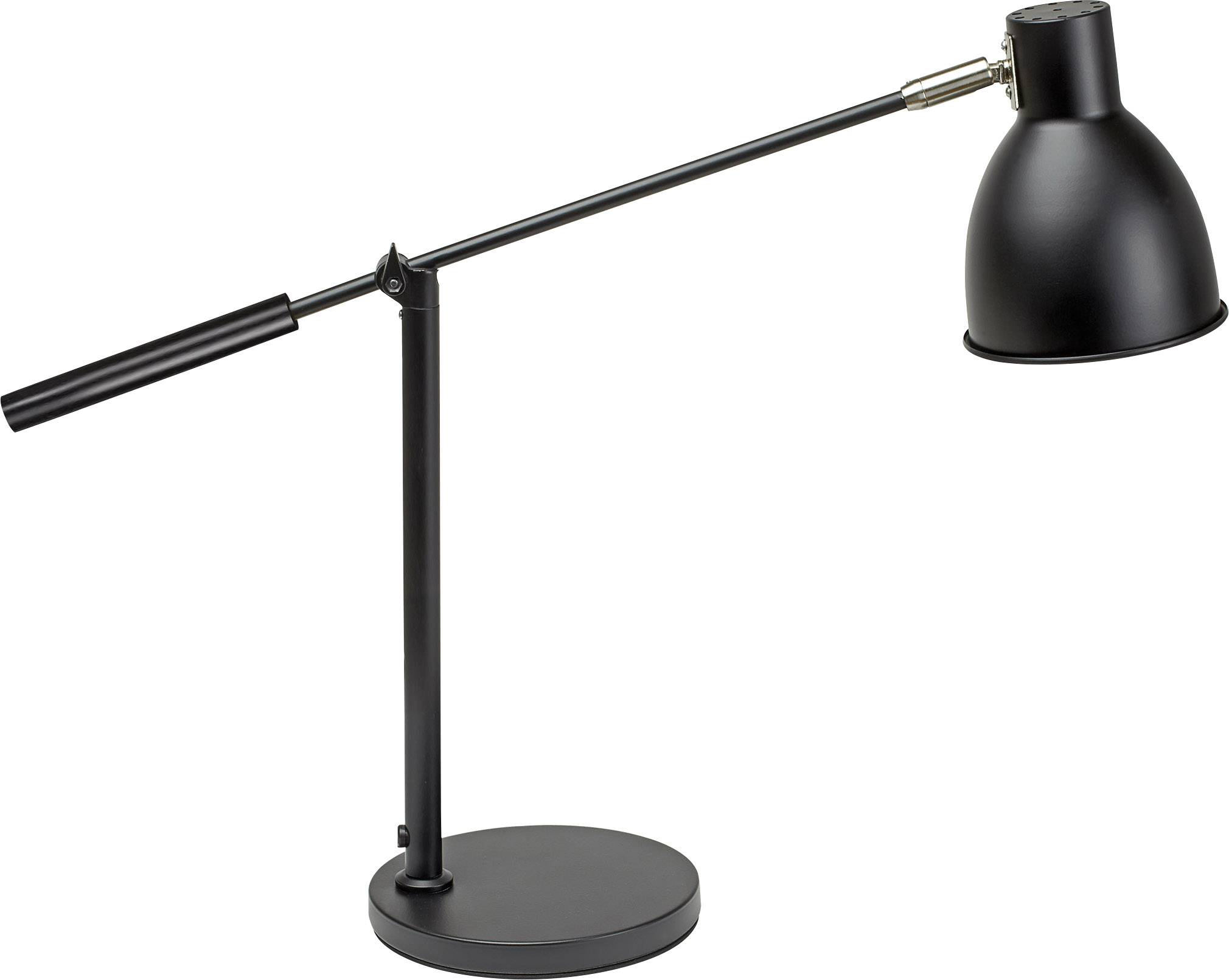 Black, modern table lamp with round base and adjustable arm.
