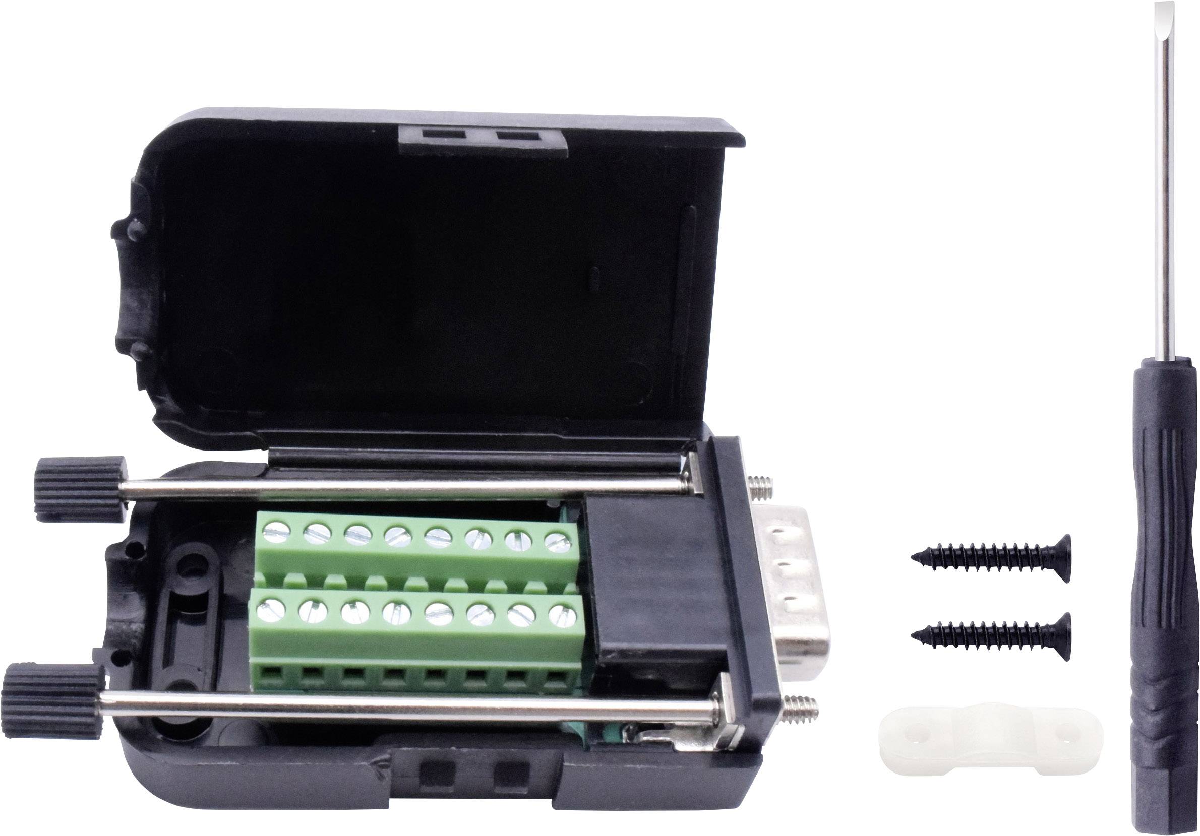 Opened black connection box with green terminal block, two black screws, white clip, and small screwdriver beside it.