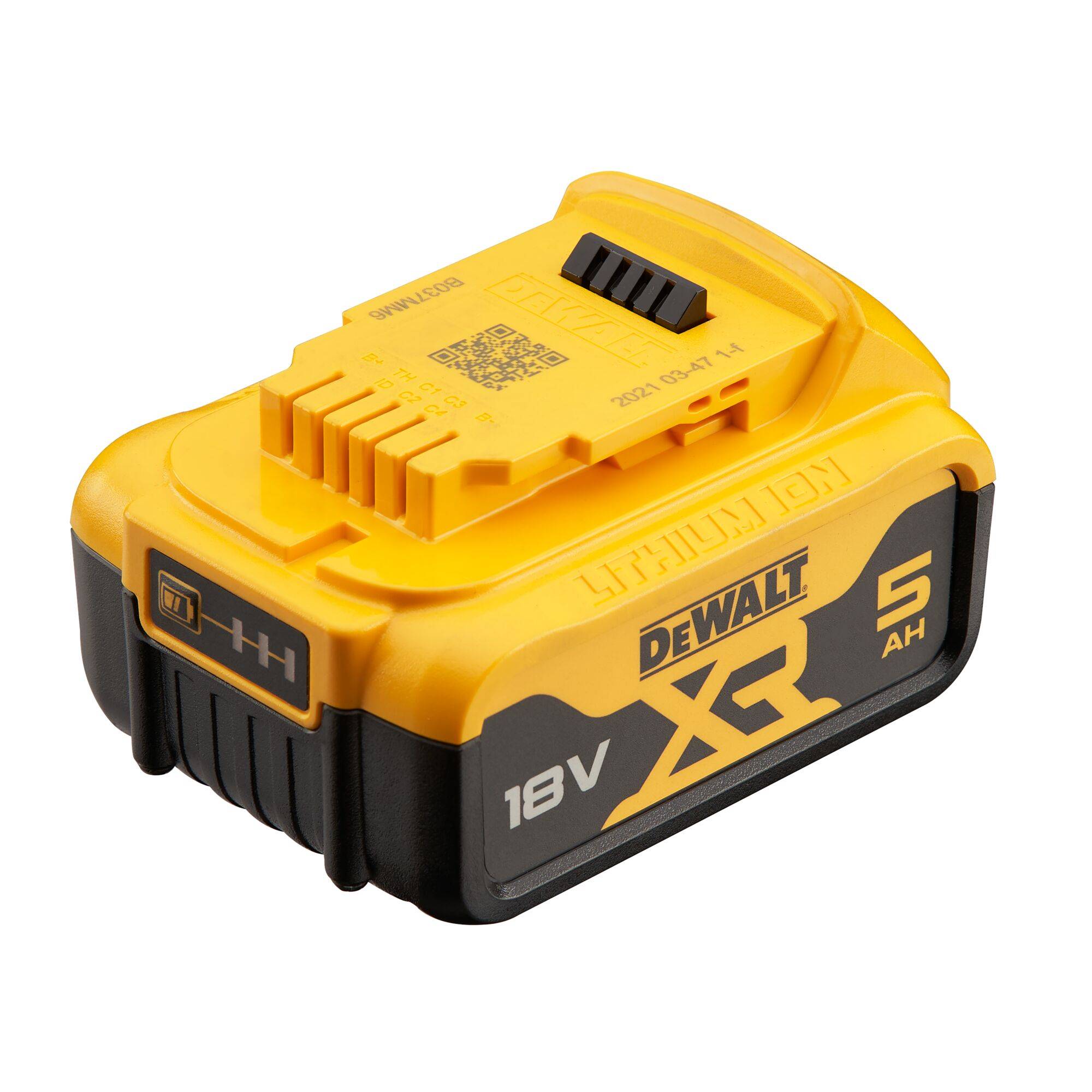 Yellow and black Dewalt XR Lithium-ion battery with 18 V and 5 Ah capacity, suitable for power tools.