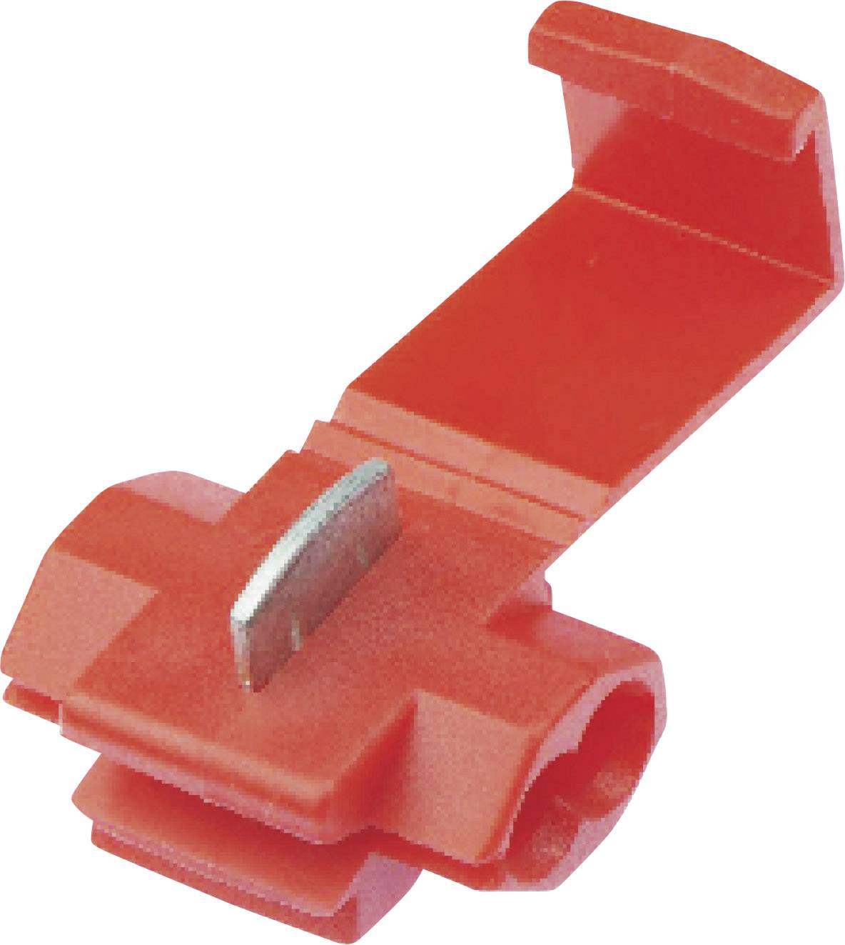 Red cable connector with metal contact, for easy cable connection without stripping. Suitable for quick electrical connections.