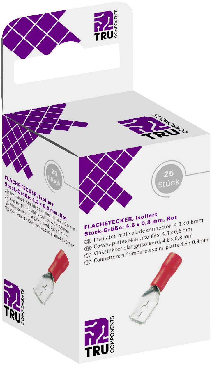 Cardboard packaging containing 25 isolated flat connectors, size 4.8 x 0.8 mm, in red. Brand: TRU Components.