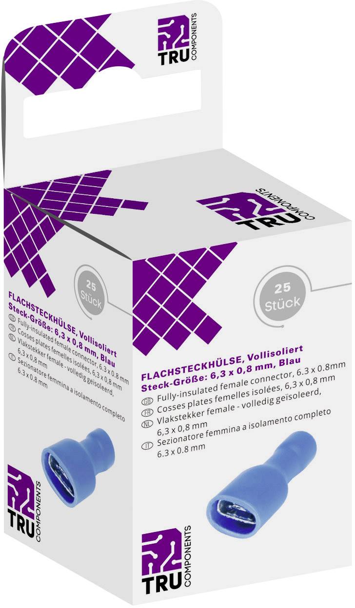 Packaging of a blue flat connector sleeve with 25 pieces. Size 6.3 x 0.8 mm. Brand TRU Components, fully insulated.