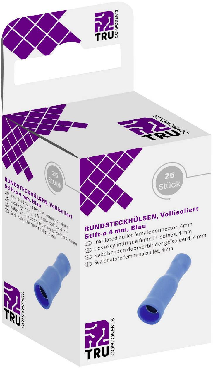 Packaging of TRU Components round pin sleeves, fully insulated, pin diameter 4 mm, blue, pack of 25. Illustration of a blue pin sleeve.