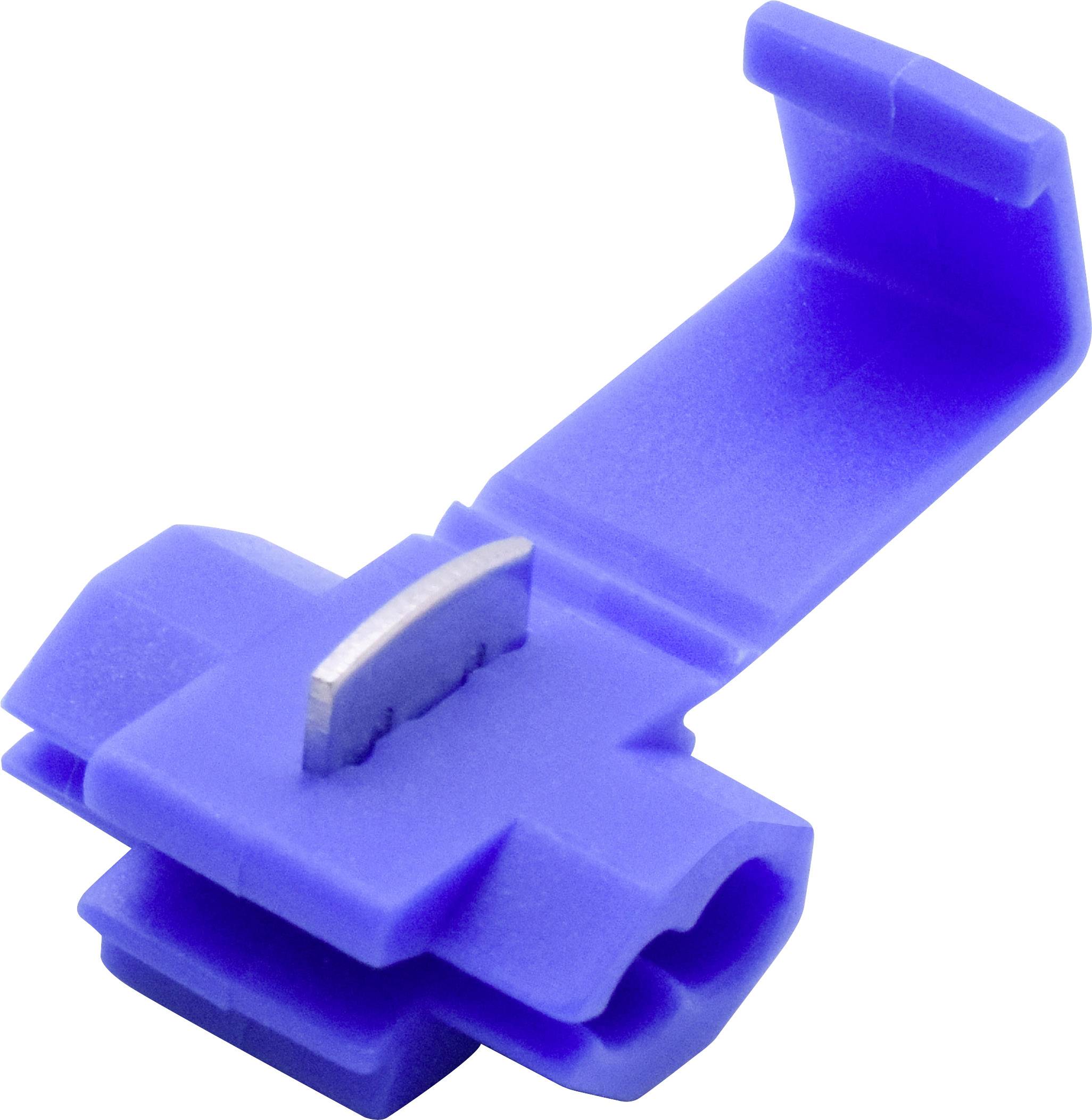 A blue plastic quick-connect wire connector with a metal terminal, which securely connects cables, is shown in close-up.