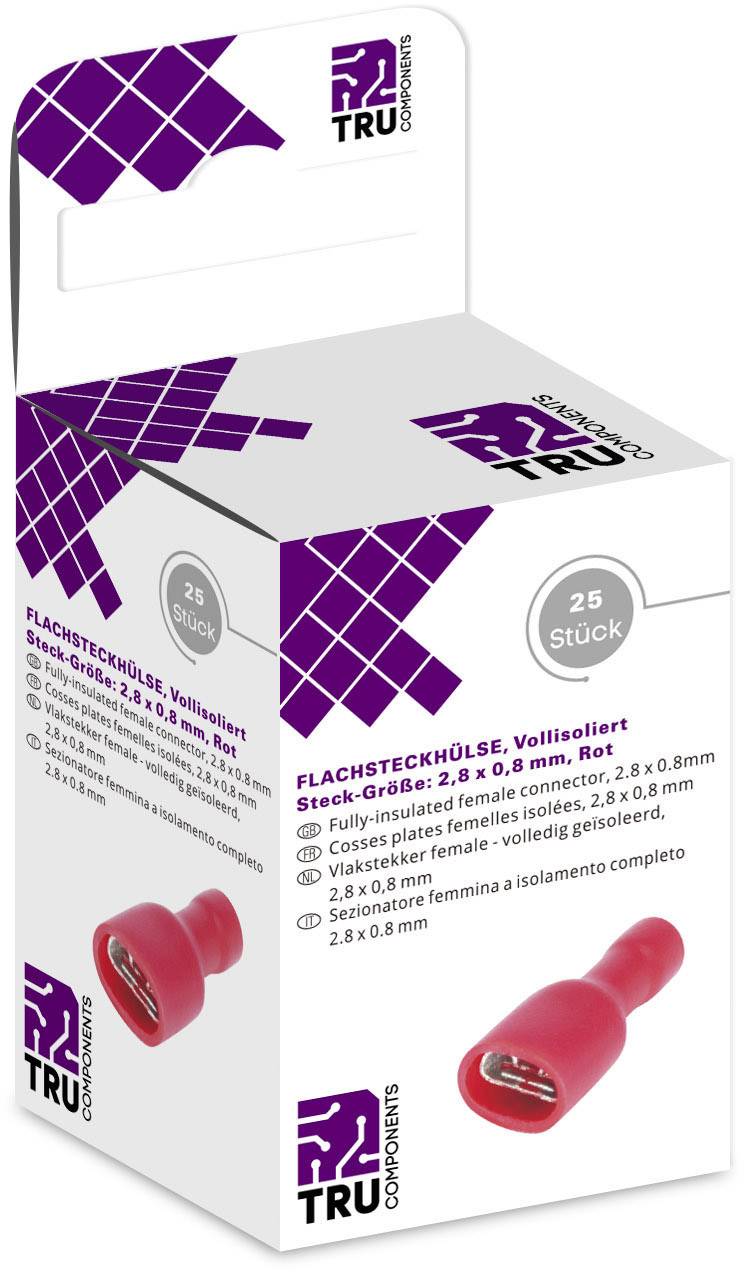 TRU Components Flat Connector Sleeve, Fully Insulated, Red, 25 Pieces, Connection Sizes: 2.8 x 0.8 mm