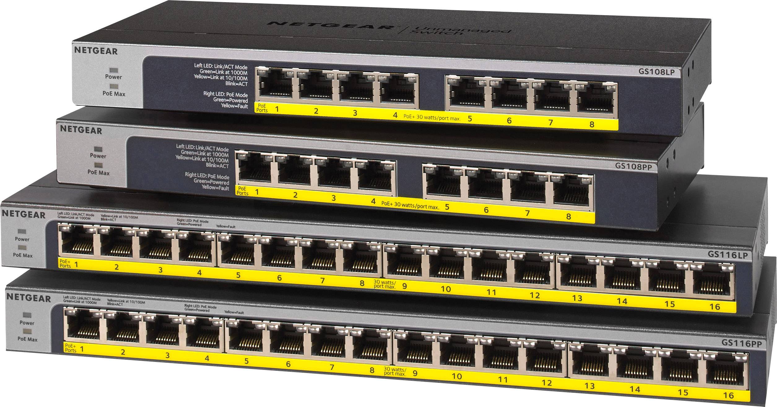 Four stacked Netgear network switches with 16 to 48 Ethernet ports each, suitable for managing and distributing network traffic.