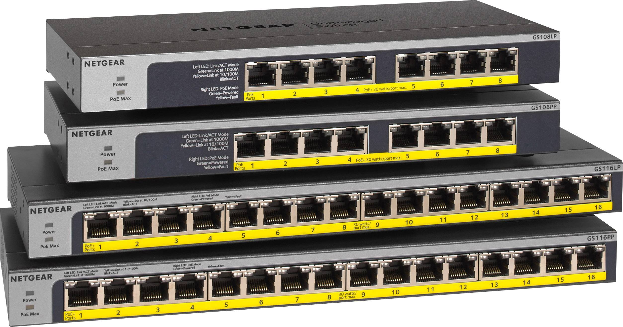 Stack of four Netgear network switches, each with 16 to 24 Ethernet ports on the front, suitable for data networking.