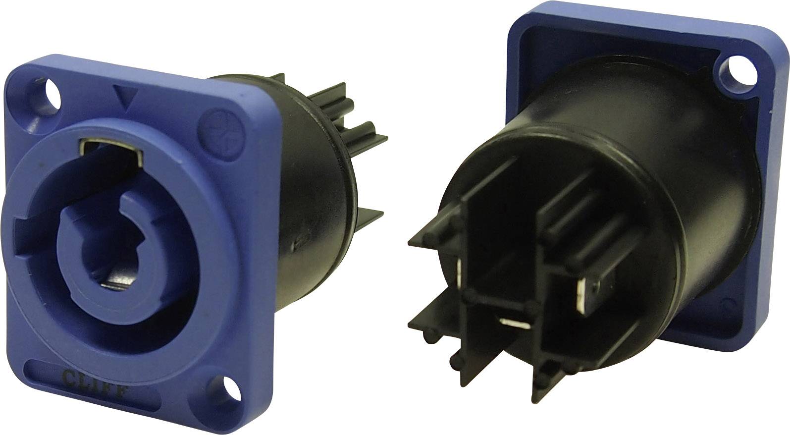 Two blue and black connectors are lying separately on a white background, one showing the socket, the other the plug with multiple contacts.