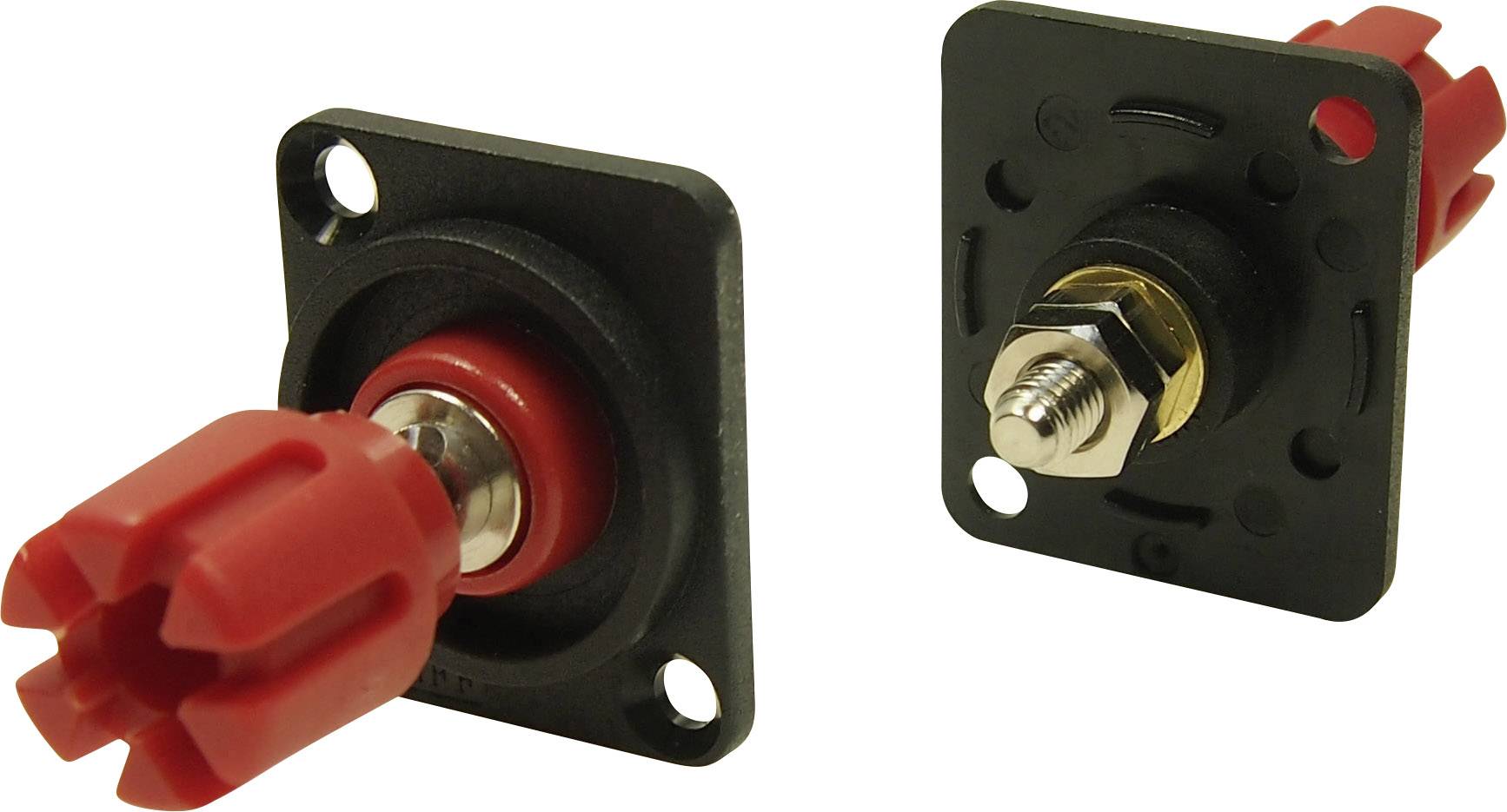 Two red banana sockets with black mounting plates, suitable for connecting speaker cables or similar applications.