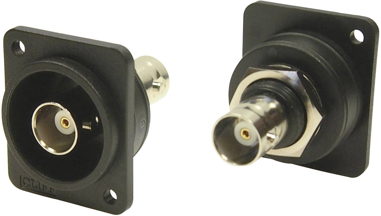 Two square BNC socket connectors on a black plastic plate, one with a diagonal front view, the other on the rear side.