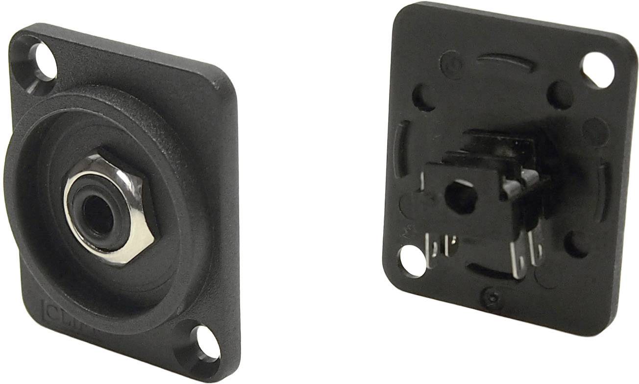 Two black audio socket ports, front and rear view visible. The left image shows the front with a round opening, the right image shows the rear with contacts.