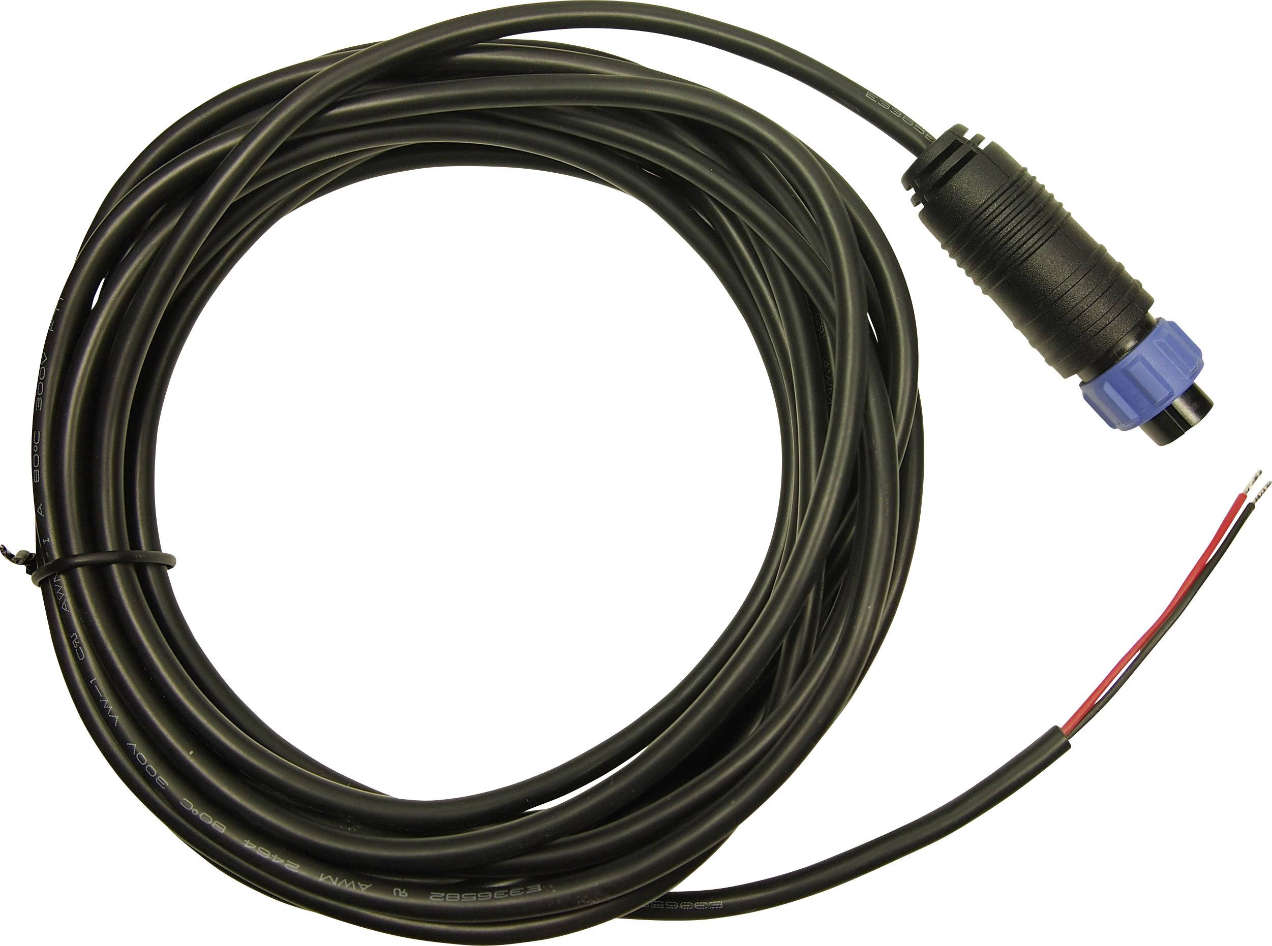A long black cable with a blue and black plug on one side and exposed wires on the other side.