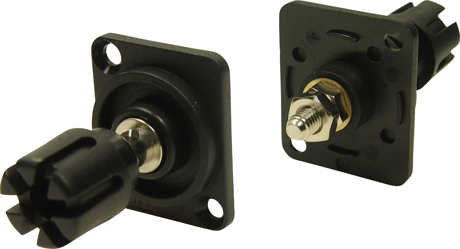 Two black banana sockets, one with a closed cap, the other showing the contact pin, mounted on square base plates.
