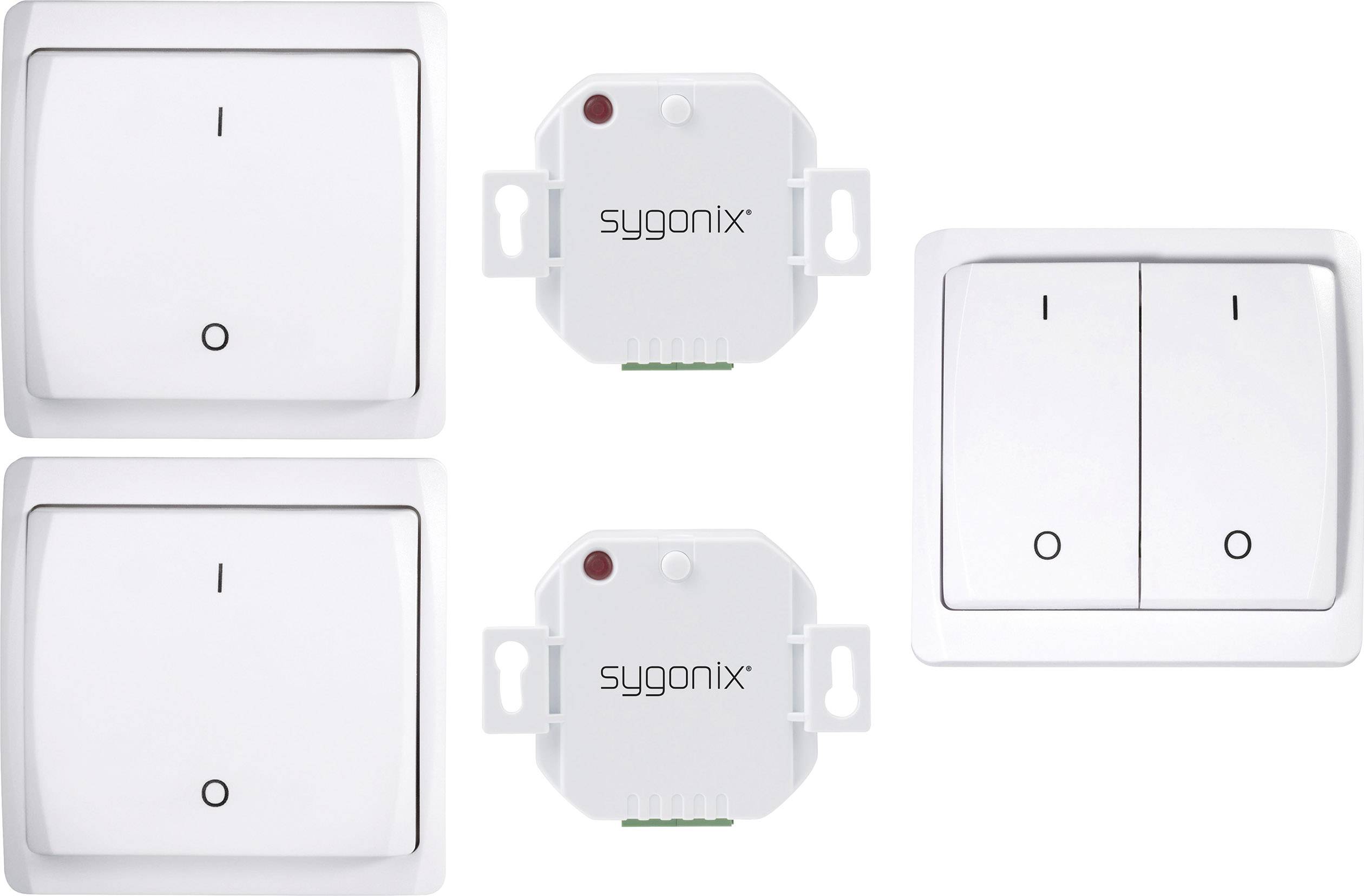 A picture shows two white single light switches, one white double switch, and two white Zigbee receivers from the brand 'Sygonix'.