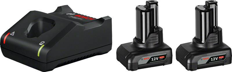 A black charger and two 12V batteries from an electric tool brand. The charger indicates charging status with red and green lights.