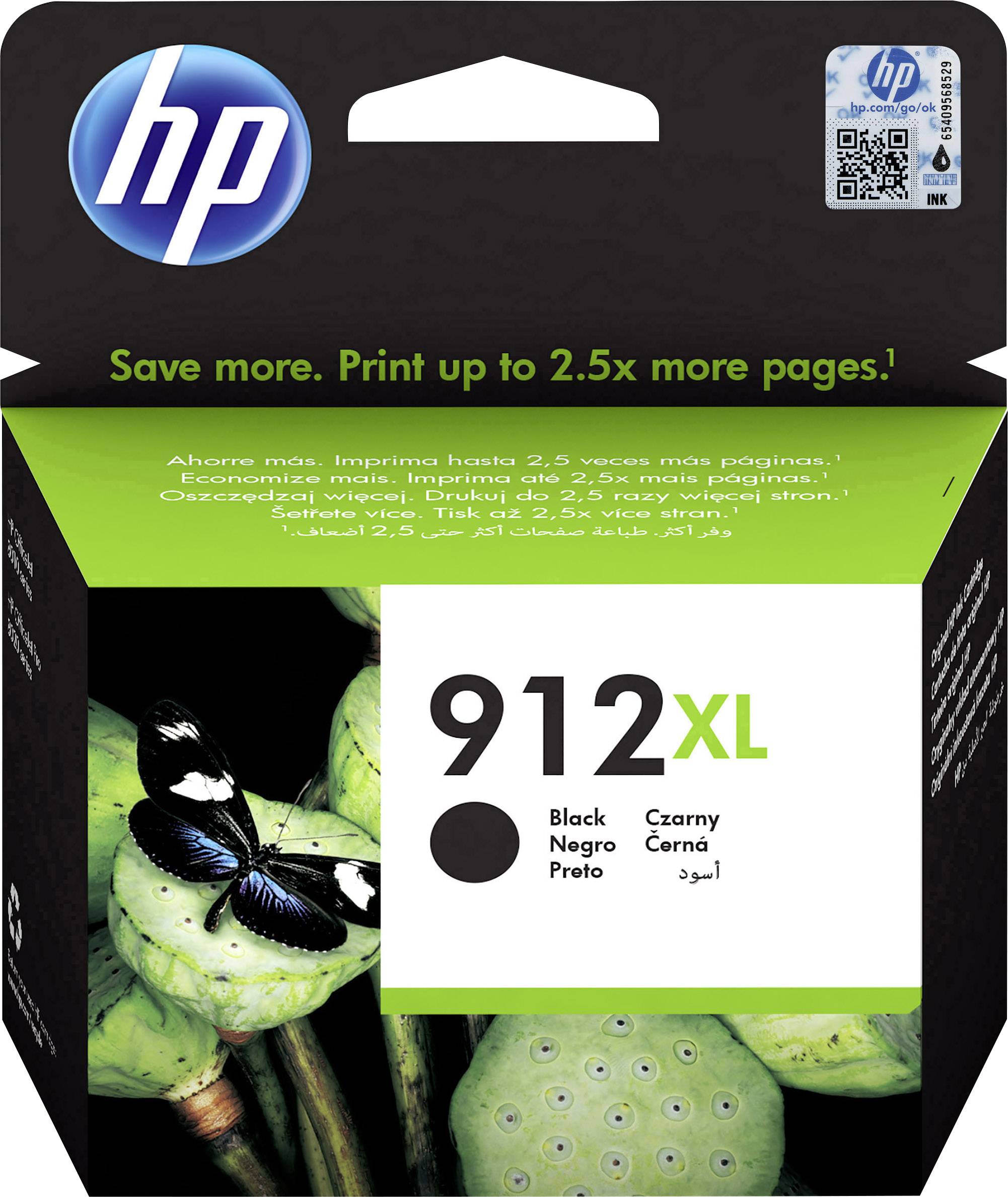 HP 912XL Black Ink Cartridge; Packaging features a butterfly on a green plant background; Text: Up to 2.5 times more pages.