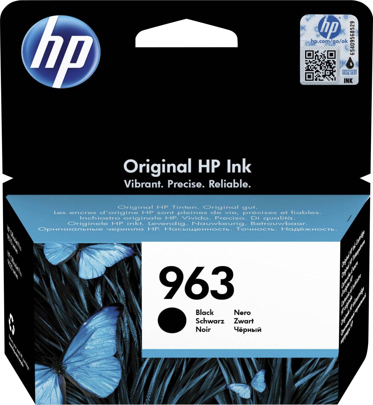 Original HP Ink Cartridge, Model Number 963, Colour Black. Packaging displays blue butterflies and emphasises precision and reliability.