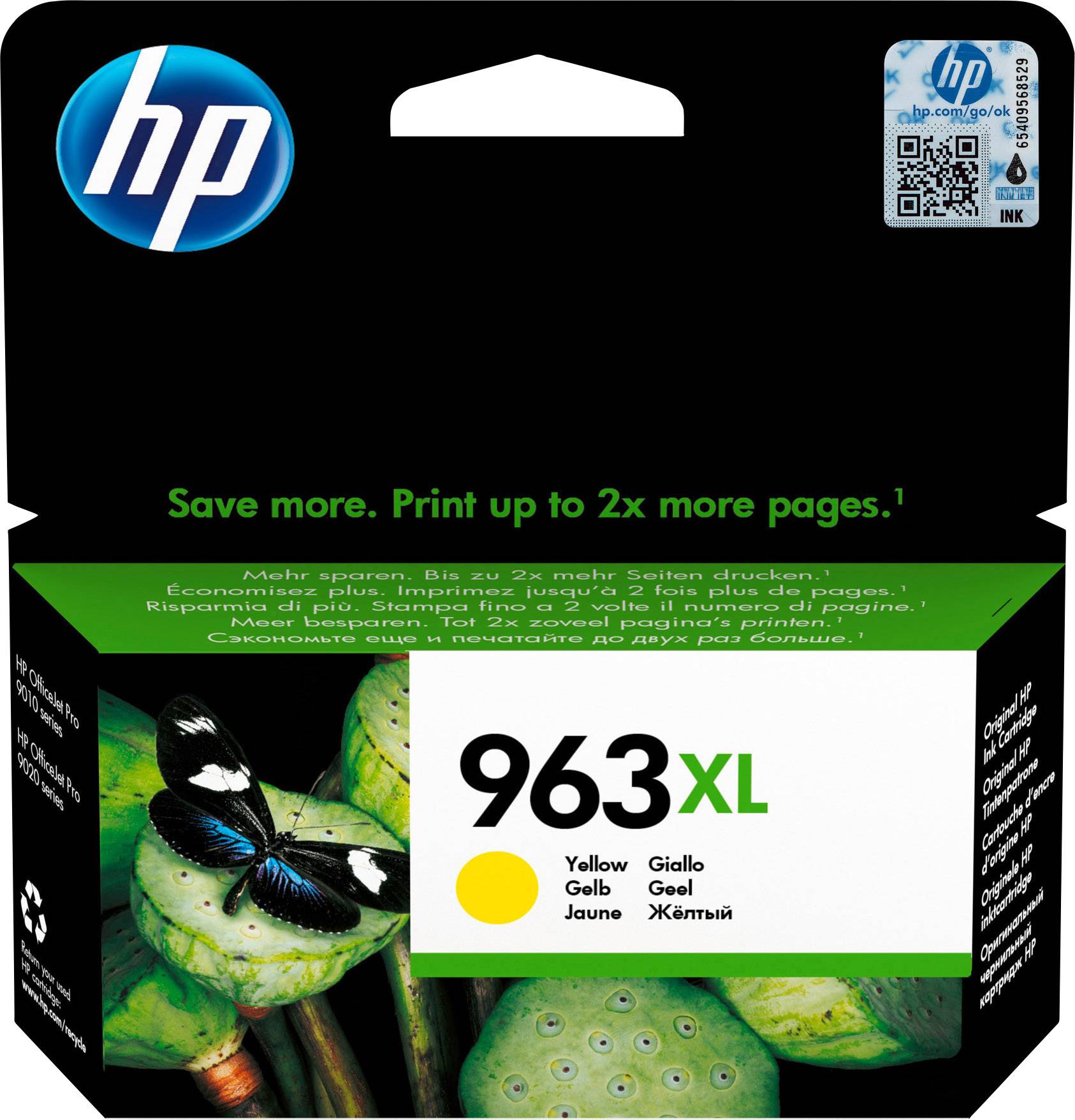 'HP 963XL Yellow' Ink Cartridge packaging. Shows a graphic with a butterfly on a green background and the HP logo.