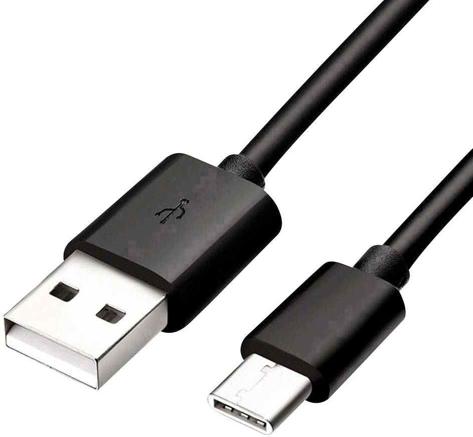 Black USB cable with a standard USB connector on one side and a USB-C connector on the other.