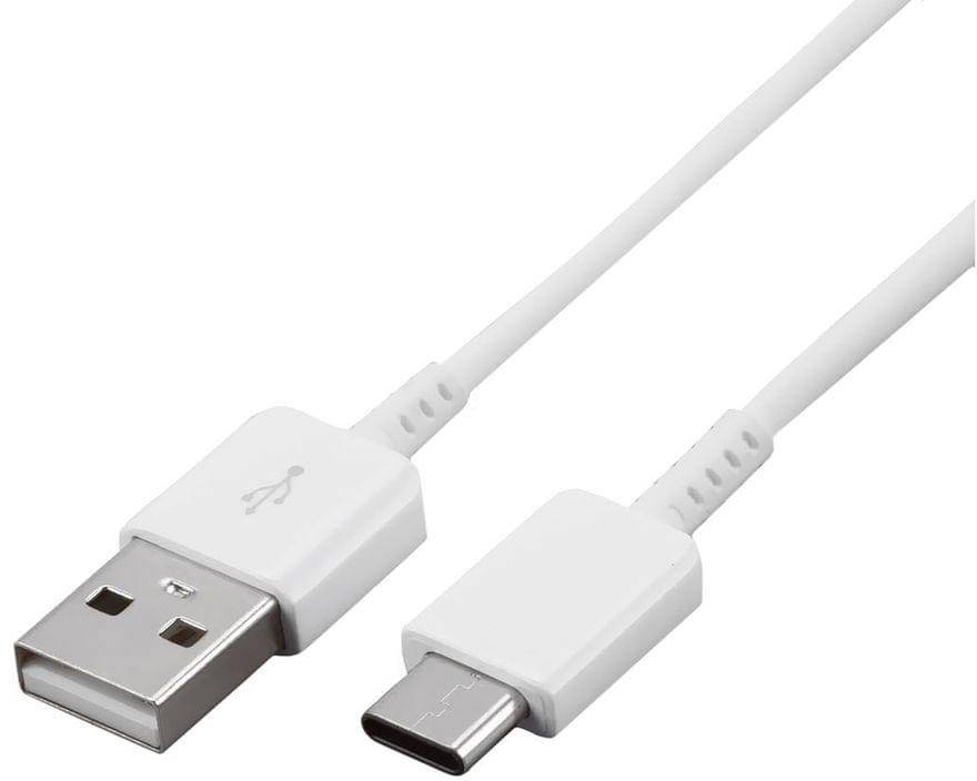 A white USB cable with a USB-A plug on one side and a USB-C plug on the other side.