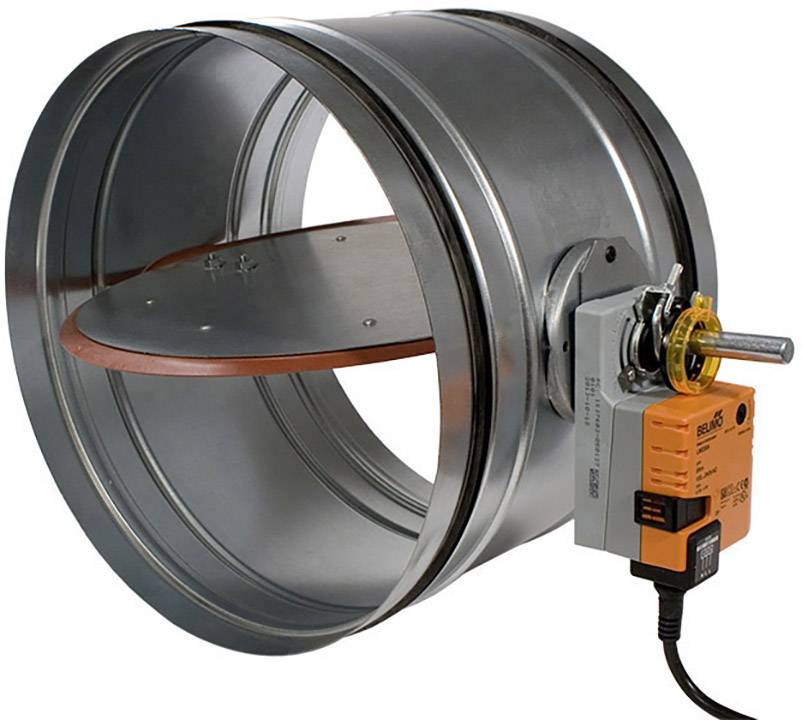 Metal air damper with electric actuator for controlling airflow in ventilation systems, with an orange control unit.