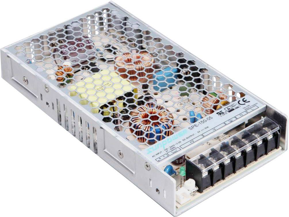 Power supply unit with ventilation grille, visible electronic components and connections on the front panel.