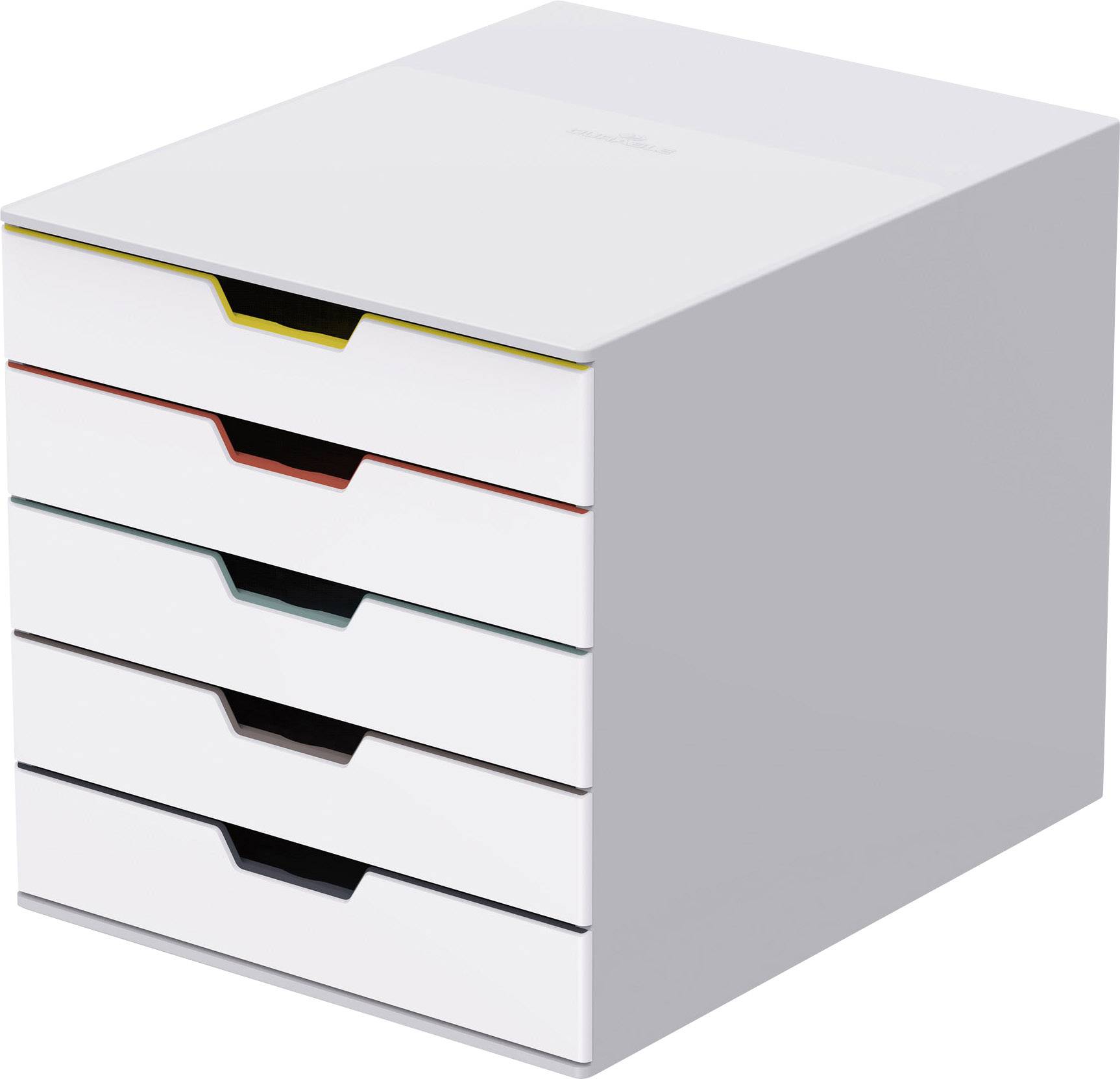White drawer box with five compartments, each with coloured labels: yellow, red, blue, green and black. Suitable for organisation.