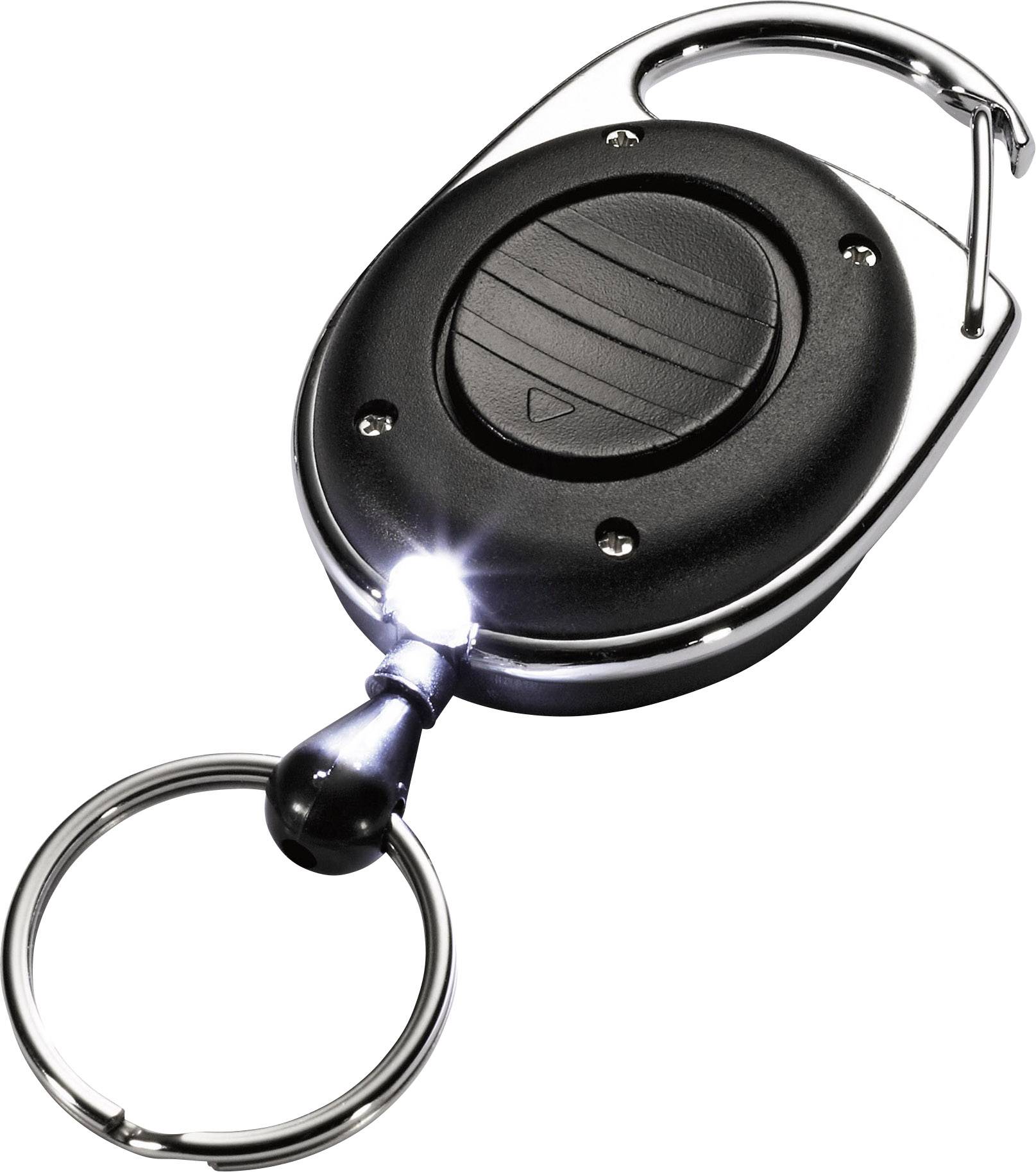 Black LED torch keyring with metal clip in a square shape, activated light beam shines brightly.
