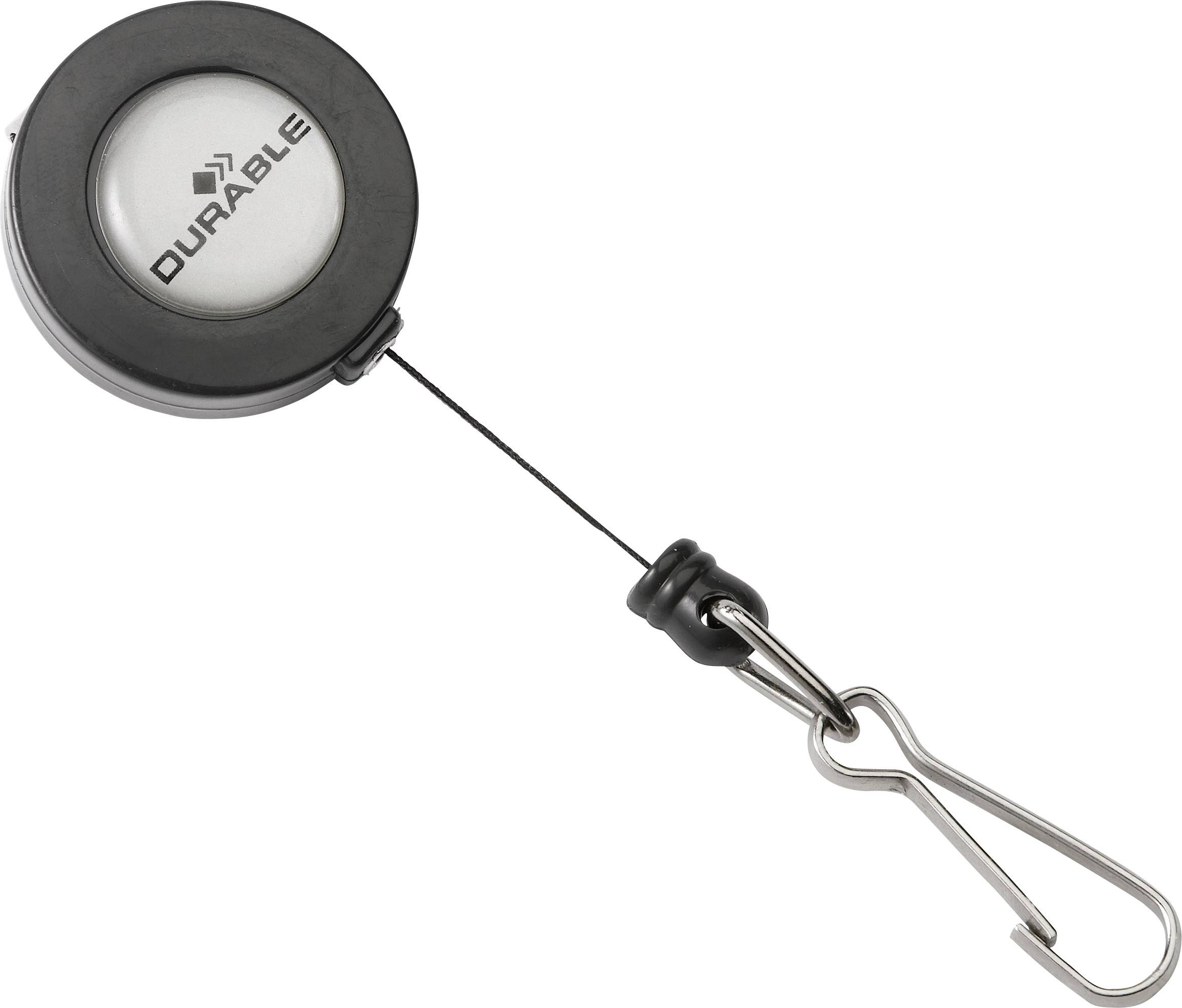 Black, round ID badge holder with retractable cord and metal clip, brand 'DURABLE'. Ideal for securely fastening ID badges.