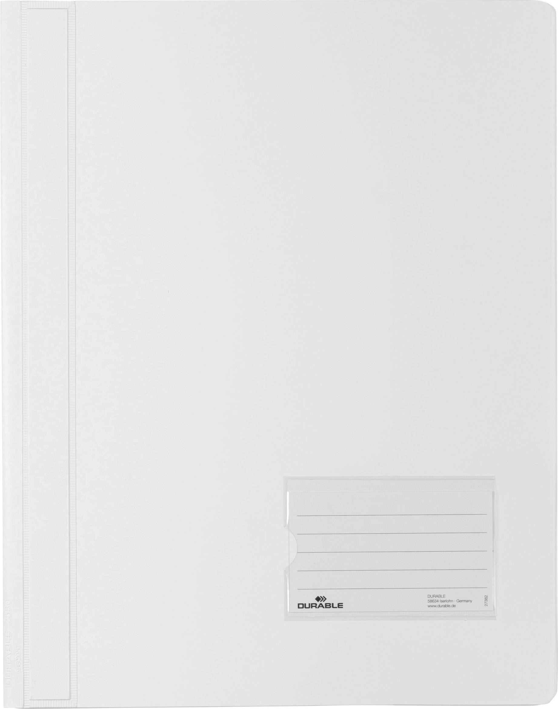 A white lever arch file with a label for annotations on the front and the logo print of the brand 'Durable'.