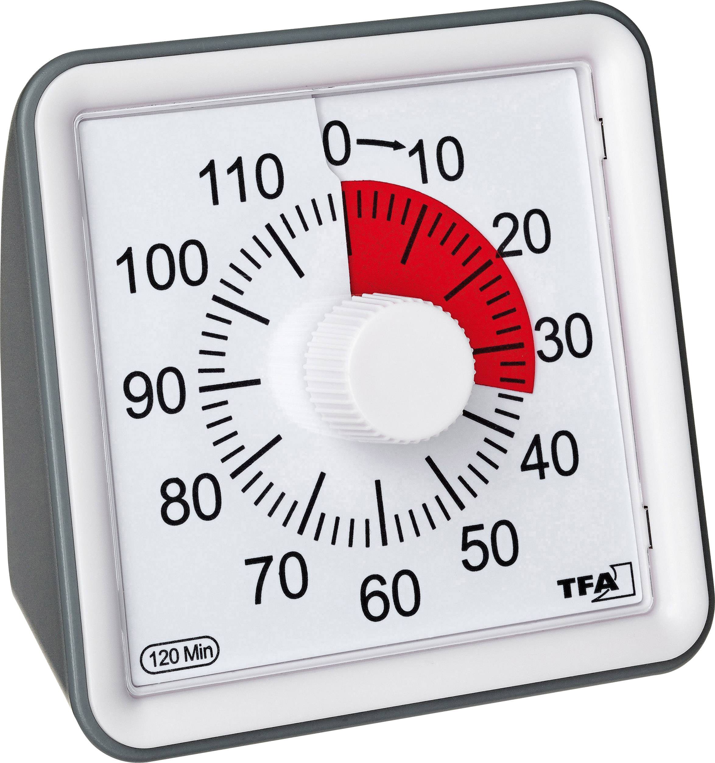 Square analogue kitchen timer with large scale from 0 to 120 minutes. The red section indicates the remaining time. Currently set to 10 minutes.