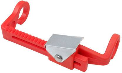 Red metal clip with metallic slider, used for fastening or securing.