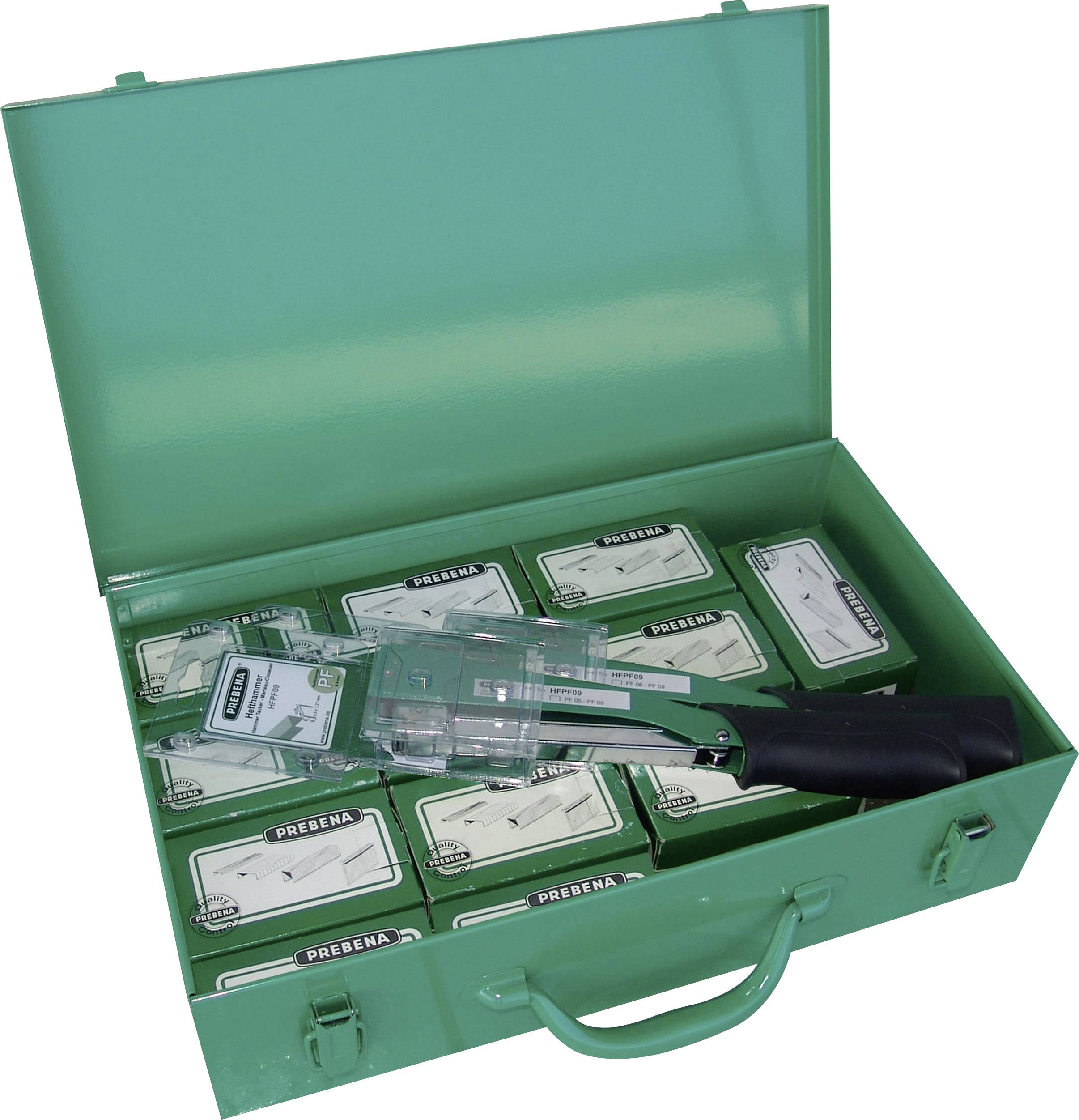 Green toolbox with multiple compartments and a tool with a black handle.
