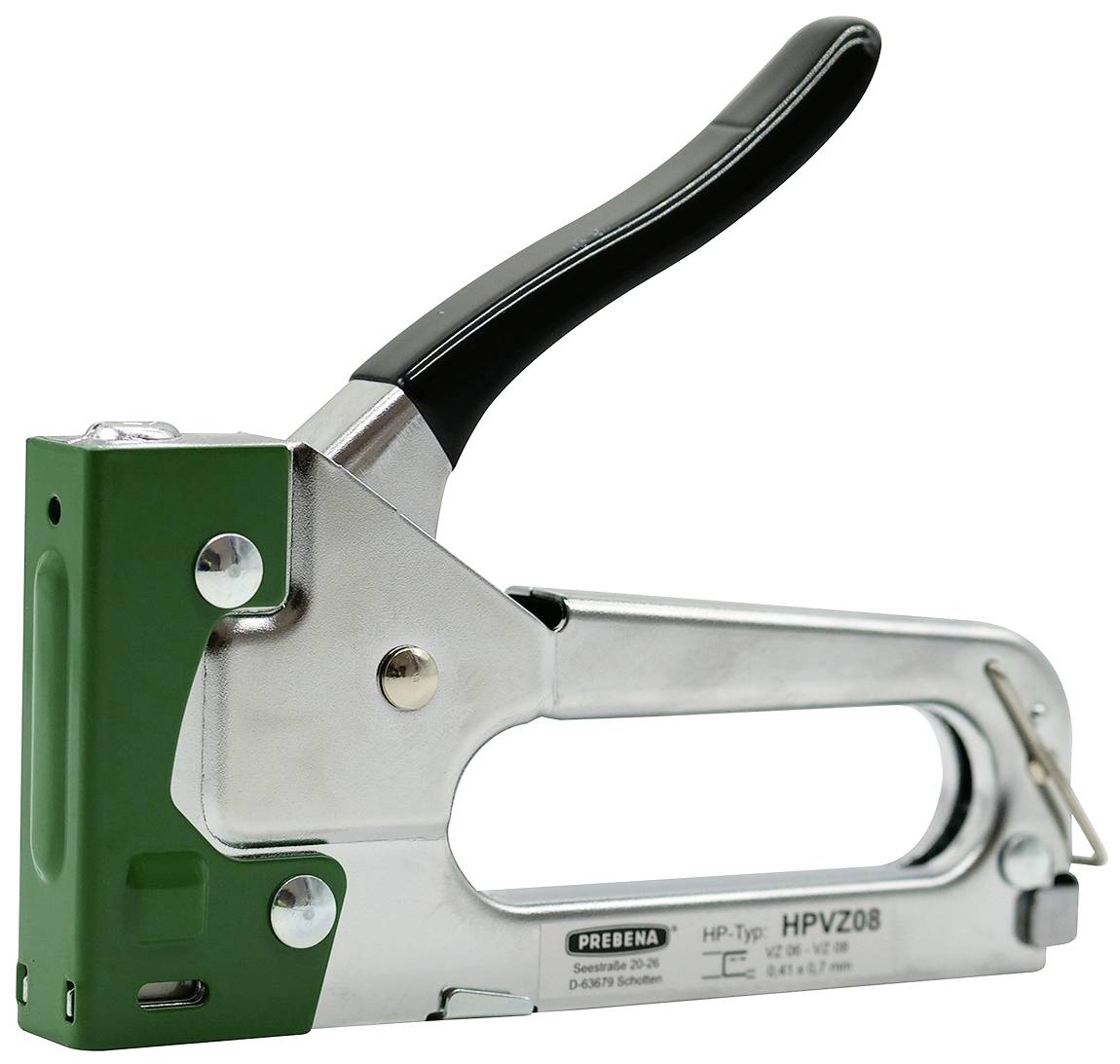 Metal stapler in green and silver with a black handle, suitable for stapling paper or thin cardboard, branded with make and model number.