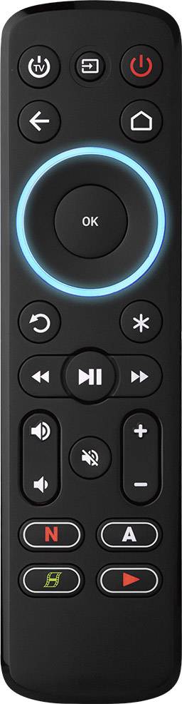 Black remote control with buttons for Power On/Off, Volume, Mute, Playback, Navigation and OK in the centre, with a blue illuminated ring.
