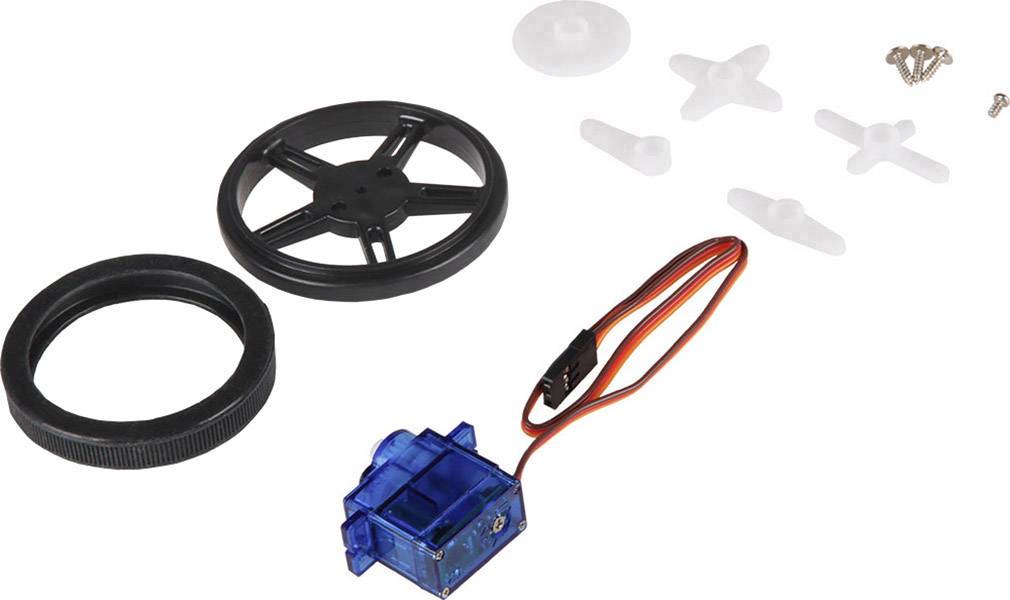 Kit with a blue servo motor, black tyres, and white plastic components on a white background. Includes screws.