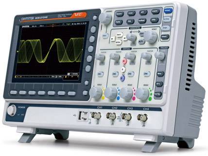 A colour oscilloscope displays sinusoidal waves. It has multiple switches and rotary knobs for controlling the display and measurement channels.