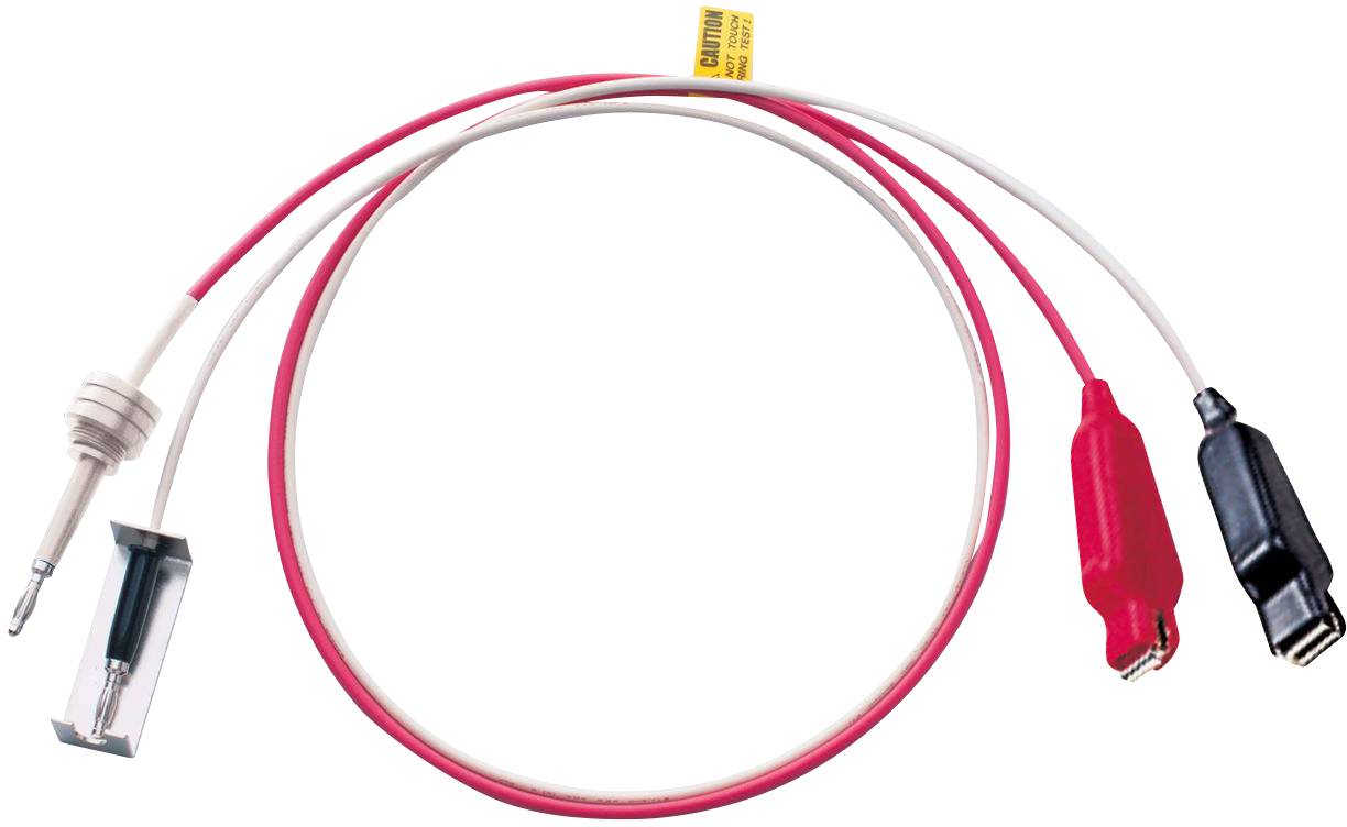 A red and a white cable with clips and a probe attachment, often used for testing electrical connections.
