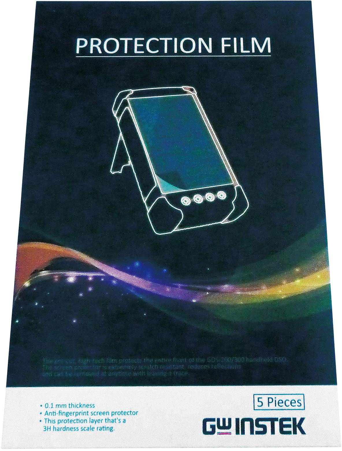 The packaging shows 'Protection Film' for a mobile device. Contains 5 pieces, 0.1 mm thick, antibacterial, with 3H hardness grade.