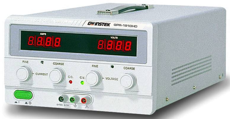 Laboratory power supply unit with digital displays for current and voltage; fine and coarse adjustment knobs; carrying handle on top.